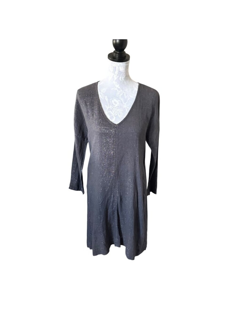 XIRENA Womens Long Sleeve Linen Metallic Lagenlook Dress Gauze Xsmall Gray